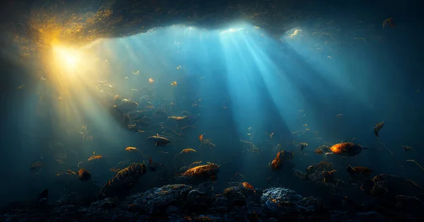 Deniz Altlarında Soyut Uçurum Mercan Kayalıkları Güneş Işınlarıyla Birlikte Suyun — Stok fotoğraf