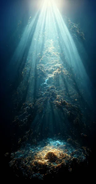 Deniz Altlarında Soyut Uçurum Mercan Kayalıkları Güneş Işınlarıyla Birlikte Suyun — Stok fotoğraf