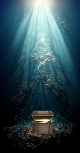 Hazine Sandığı Denizin Dibini Boyladı Deniz Tabanındaki Ahşap Sandık Güneş — Stok fotoğraf