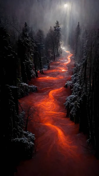 Mystery background red river flowing in dark forest. Fantasy fairytale outdoor red river with moonlight background. 16:9 phone wallpaper. 3D rendering image.	