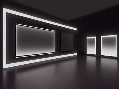 Galerideki boş çerçeveler. Sunum ya da reklam için soyut boş duvar çerçeveleri. 3B görüntüleme.