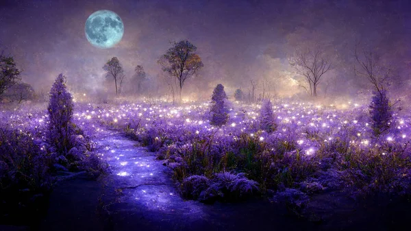 Fantasie Sprookjesachtige Achtergrond Met Paarse Tuin Bloeiende Lavendelveld Prachtige Sprookjesachtige — Stockfoto