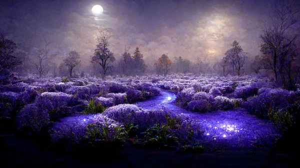 Fantasie Sprookjesachtige Achtergrond Met Paarse Tuin Bloeiende Lavendelveld Prachtige Sprookjesachtige — Stockfoto