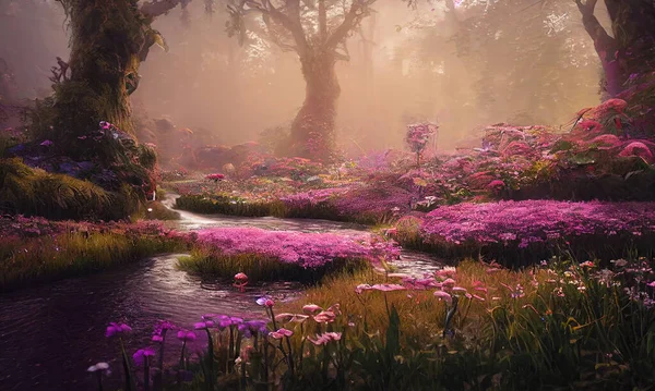 Fantasie Sprookje Bloem Het Bos Achtergrond Prachtige Sprookjesachtige Buitentuin Met — Stockfoto