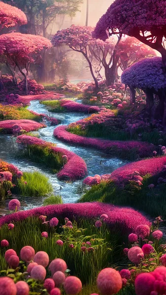 Orman arka planında bir peri masalı çiçeği. Bahçe arka planında harika bir peri masalı. 16: 9 telefon duvar kağıdı. 3B görüntüleme.