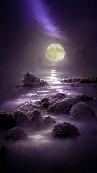 Fantasy full moon background and ocean. Wave of sea at night. 16:9 phone wallpaper. 3D rendering image.