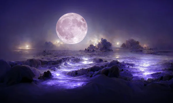 Fantasie Volle Maan Achtergrond Met Oceaan Golf Van Zee Nachts — Stockfoto