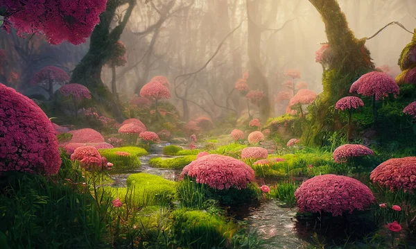 Fantasie Sprookje Bloem Het Bos Achtergrond Prachtige Sprookjesachtige Buitentuin Met — Stockfoto