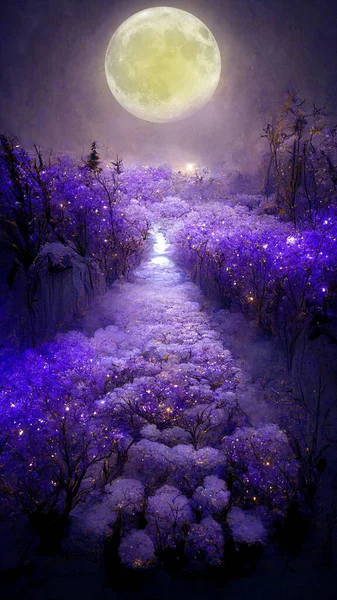 Mor bahçeli ve çiçek açan lavanta tarlasına sahip fantezi masalı. Harika bir açık hava masalı ve ay ışığı arka planı. 16: 9 telefon duvar kağıdı. 3B görüntüleme.