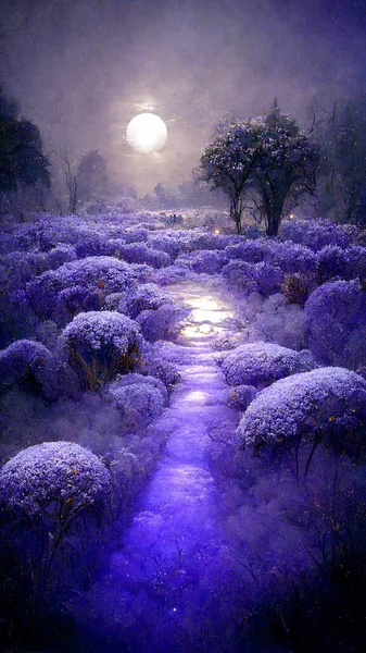 Fantasy fairy tale background with purple garden and blooming lavender field. Fabulous fairytale outdoor garden and moonlight background. 16:9 phone wallpaper. 3D rendering image.