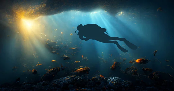 Scuba diving under deep blue sea. Diver swim undersea cave with sun ray. 3D rendering image.