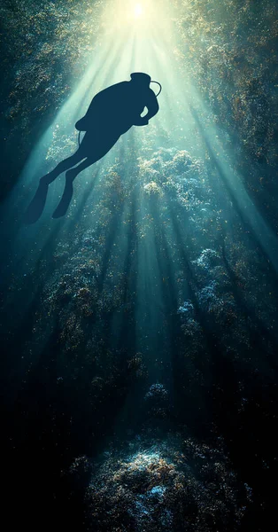 Nurkowanie Pod Głębokim Błękitnym Morzem Nurkowie Pływają Podmorskiej Jaskini Promieniami — Zdjęcie stockowe