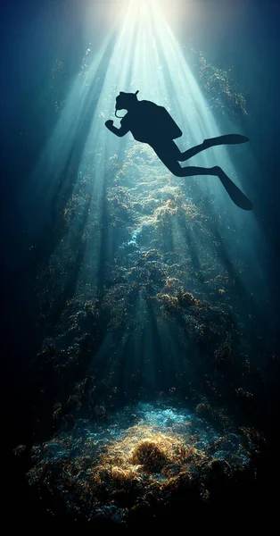 Nurkowanie Pod Głębokim Błękitnym Morzem Nurkowie Pływają Podmorskiej Jaskini Promieniami — Zdjęcie stockowe