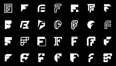 F harfli soyut logo koleksiyonu. Geometrik soyut logolar. Simge tasarımı 