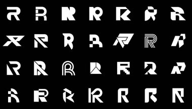 R harfi ile soyut logo koleksiyonu. Geometrik soyut logolar. Simge tasarımı 