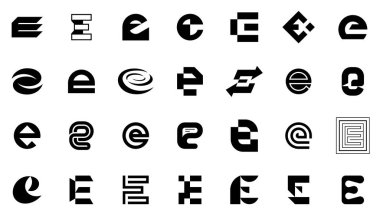 E. Geometrik soyut logoları olan soyut logo koleksiyonu. Simge tasarımı 