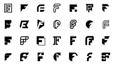 F harfli soyut logo koleksiyonu. Geometrik soyut logolar. Simge tasarımı 