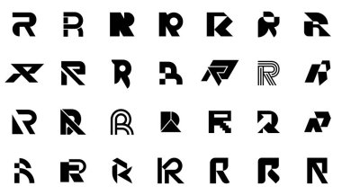 R harfi ile soyut logo koleksiyonu. Geometrik soyut logolar. Simge tasarımı 