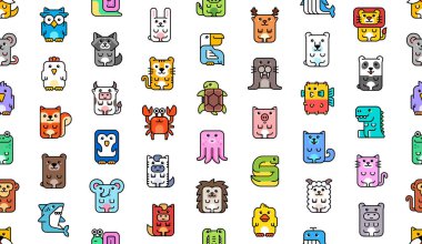 Hayvanlar ikonlarıyla kusursuz desen. Hayvan simgeleri ayarlandı. Simge tasarımı. Şablon ögeleri