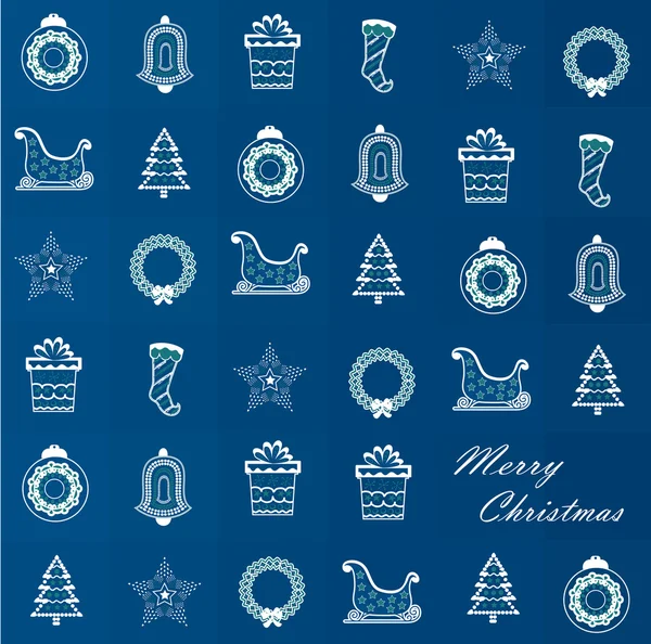 Vecteur et illustration Ornements de Noël sur fond bleu rétro avec du texte. Dessin du Nouvel An. — Image vectorielle