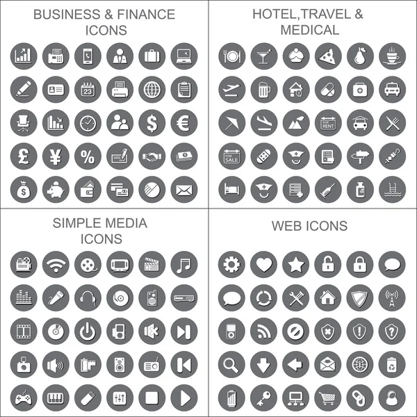 Collection of Business,finance,hotel,travel,medical,web,simple media icons set.Vector illustration. — Stock Vector