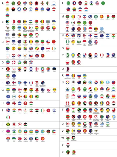 Alle nationale vlaggen van de wereld met namen alfabetisch gerangschikt in ronde cirkel vorm knop iconen.Vector illustratie ontwerp. Rechtenvrije Stockvectors