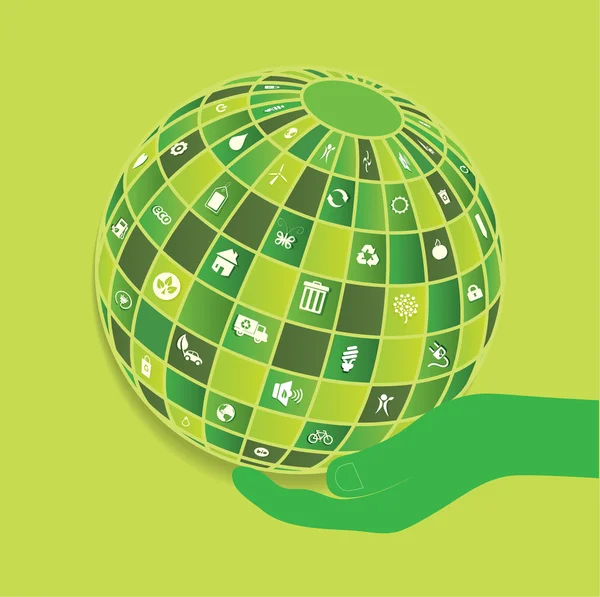 Vector and illustration globe with hand and set of ecological,ecofriendly,green,recycling icons objects background.Conceptual design and elements — Image vectorielle
