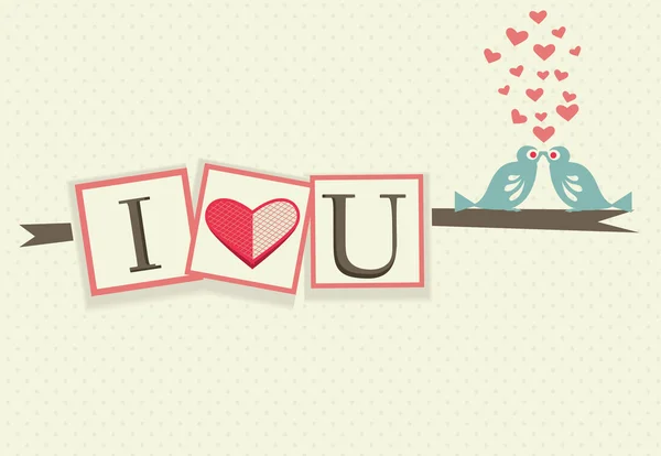 Vintage I Love You text with cute bird couple, hearts greeting card dot pattern background for Valentines day, wedding, dating and romantic events. Ilustração do vetor.Tipografia —  Vetores de Stock