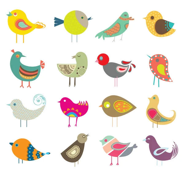 Verzameling van retro decoratieve kleurrijke abstracte vogels.Ingewikkelde vector en illustratie ontwerp set.Cartoon Rechtenvrije Stockillustraties