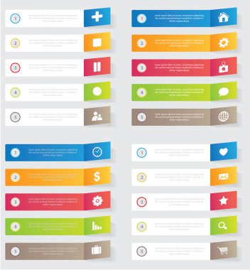 3D kağıt etiketli, entegre daireli bilgi şablonunun vektör koleksiyonu. İş konsepti. İçerik, diyagram, akış şeması, adımlar, parçalar, zaman çizelgesi bilgileri, iş akışı, grafik