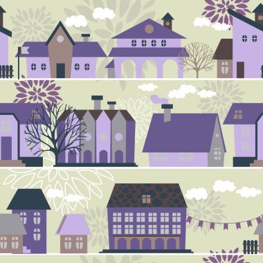 evler, ağaçlar ve elle çizilmiş öğeleri, vektör çizim ile Dikişsiz desen