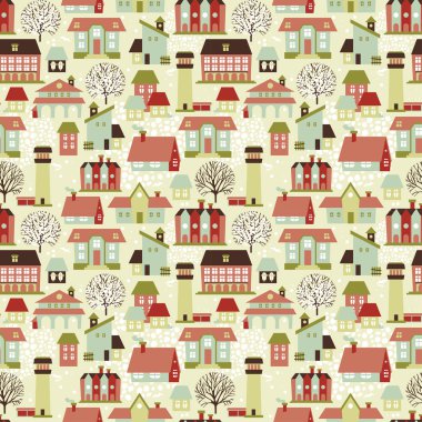 evler ve ağaçlar, vektör çizim ile şirin seamless modeli