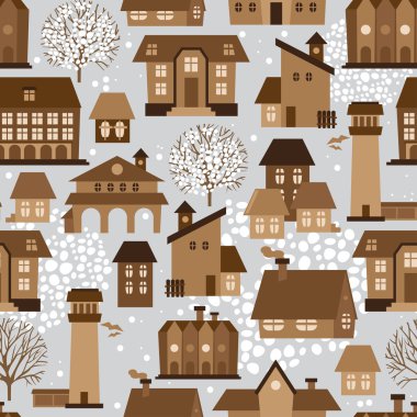 evler ve ağaçlar, vektör çizim ile şirin seamless modeli