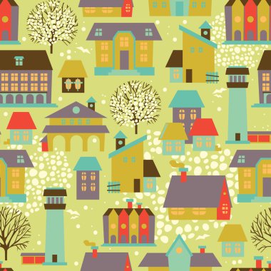 evler ve ağaçlar, vektör çizim ile şirin seamless modeli