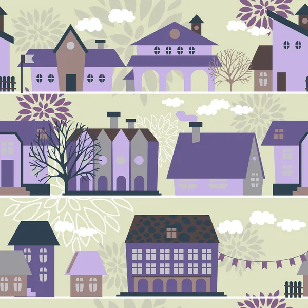 Seamless pattern with houses, trees and hand drawn elements, vector illustration