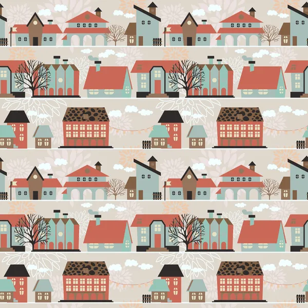 Patrón sin costura con casas, árboles y elementos dibujados a mano, ilustración vectorial — Vector de stock