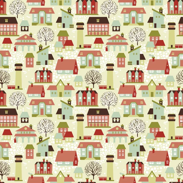 Lindo patrón sin costura con casas y árboles, ilustración de vectores — Vector de stock