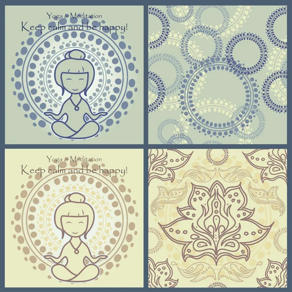 Set of cute yoga and meditation background with seamless textures — Stock Vector