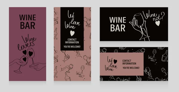 Set Van Vier Banners Voor Wijnbar Wijnliefhebbers Gewoon Lijnen Stijl — Stockvector