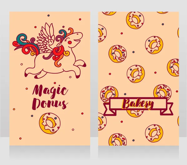 Χαριτωμένες Κάρτες Για Αρτοποιείο Καρτούν Ντόνατς Και Φέρουν Μονόκερο Διανυσματική — Διανυσματικό Αρχείο