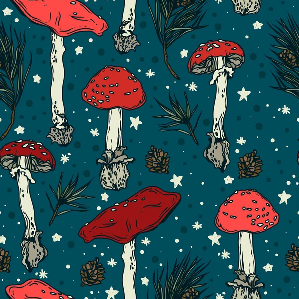 Modèle Sans Couture Avec Des Champignons Rouges Forêt Hiver Peut — Image vectorielle