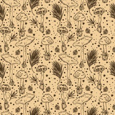 Kırmızı mantarlı ve kış ormanlı kusursuz desen Noel süslemesi ve vektör çizimi için kullanılabilir.