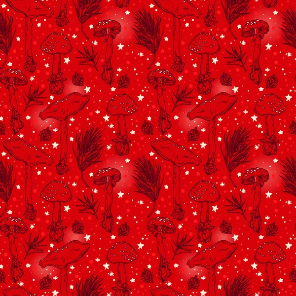 Kırmızı Mantarlı Kış Ormanlı Kusursuz Desen Noel Süslemesi Kırmızı Renk — Stok Vektör