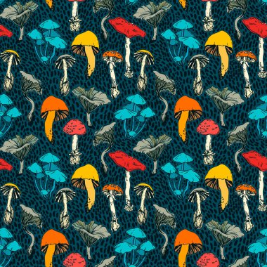 Orman mantarlı kusursuz desen, mutlu sonbahar renkleri, folklor stili illüstrasyon