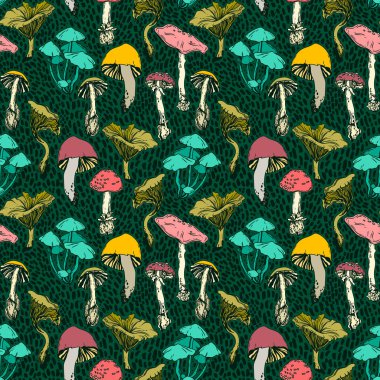 Orman mantarlı kusursuz desen, sonbahar paleti, folklor tarzı illüstrasyon.