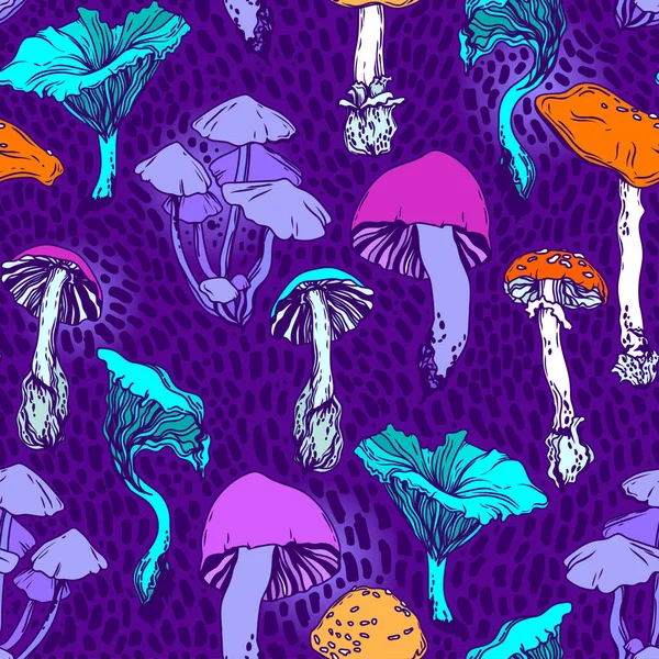Seamless Pattern Forest Mushrooms Trendy Violet Palette Folk Style Vector Stock Vector