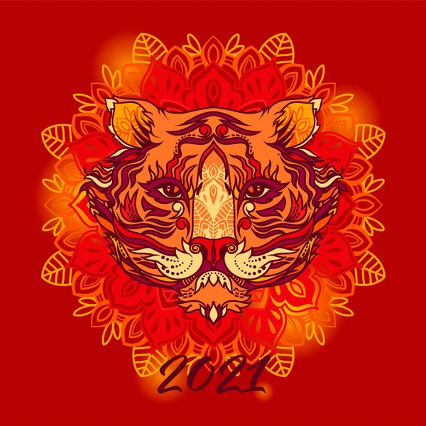 Üdvözlőlap Kínai 2021 Tigris Fejét Díszek Piros Színek Vektor Illusztráció Vektor Grafikák