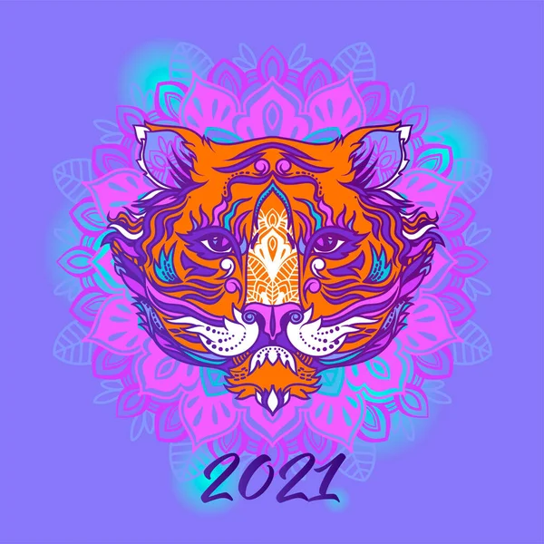 Wenskaarten Voor Chinees 2021 Nieuwjaar Met Tijger Ornamenten Trendy Violet Rechtenvrije Stockvectors