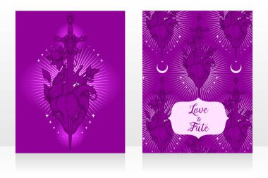 İçinde kılıç olan çiçek açan iki kart, aşkın ve kendini bilmenin sembolü, mor renkler, vektör illüstrasyonu