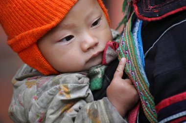 siyah bir hmong Vietnam kadın taşıyan onun çocuk, sapa, vietnam